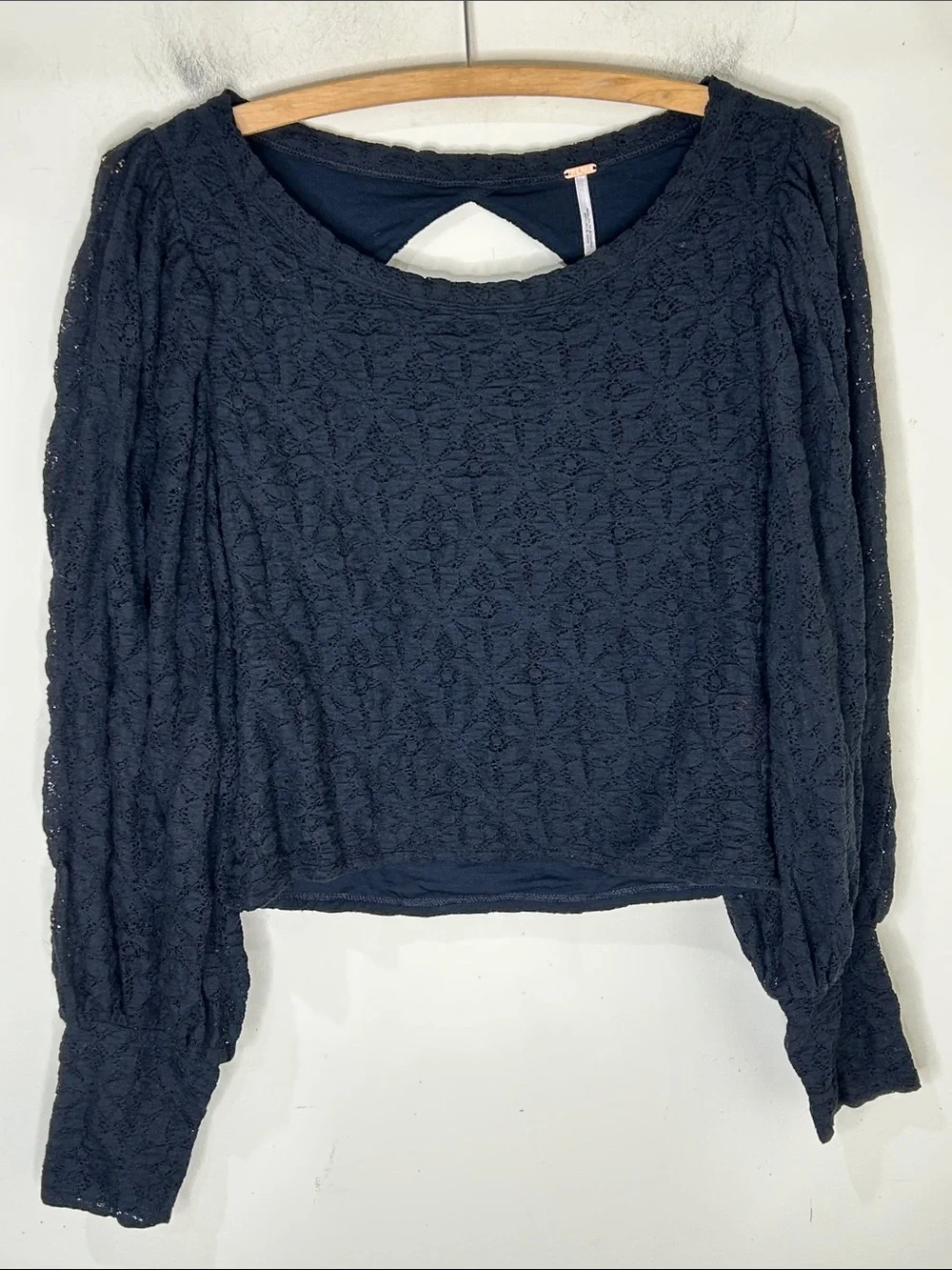FREE PEOPLE Tea Time Lace Puff Sleeve Blouse Black Size Medium